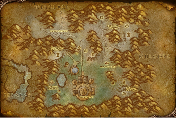 Map labeled Shen'dralas, with the Valley of Bones and neighboring Desolace, Mulgore and Feralas.