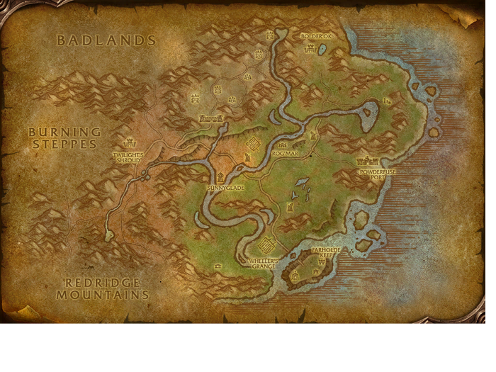 Map with Powderfuse Port, rivers, and the neighboring Badlands, Burning Steppes and Redridge Mountains.