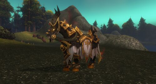 Undead horse wearing extensive dark and gold head and chest armor with red ornaments.