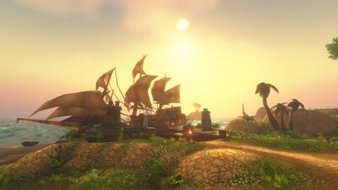 Sailing ship beside a wooden coastal landing with palms and warm low sunlight.