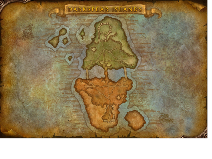 Map titled Darkspear Islands showing islands joined by bridges.