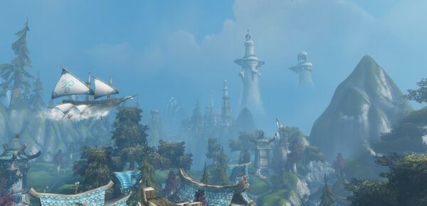 Zephras Isle towers and blue rooftops among mountains, with a vessel in the sky.
