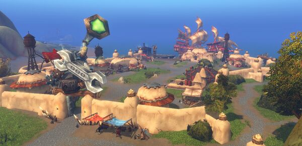 Walled coastal settlement with a ship beyond its buildings in the Powderfuse Port preview.