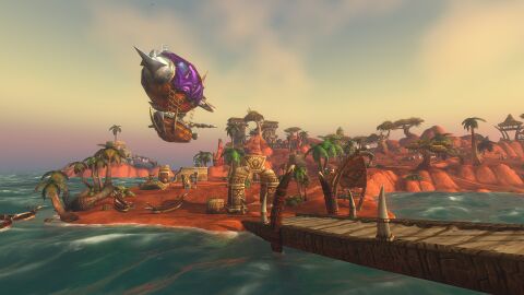 Zeppelin above red-soil islands, palms, carved stone structures, and a wooden pier.