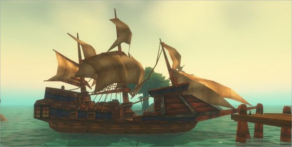 A sailing ship moored beside a wooden dock.