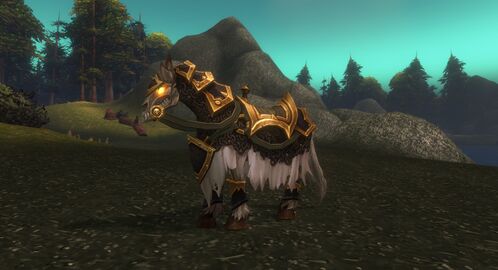 Undead horse with glowing eyes, ragged pale cloth, and dark armor edged in gold.